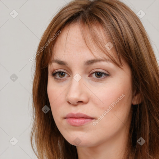 Neutral white young-adult female with long  brown hair and brown eyes