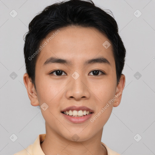 Joyful asian young-adult male with short  black hair and brown eyes