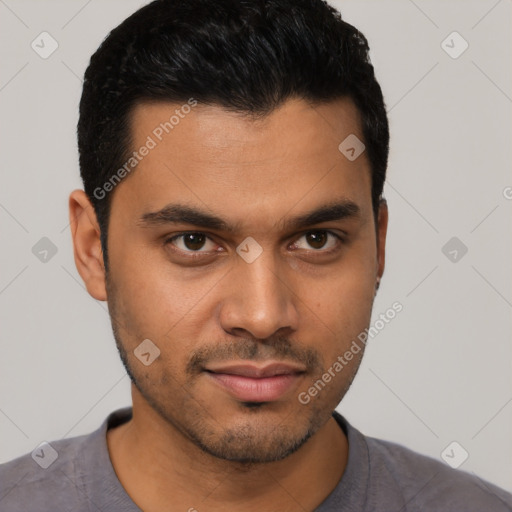 Neutral latino young-adult male with short  black hair and brown eyes