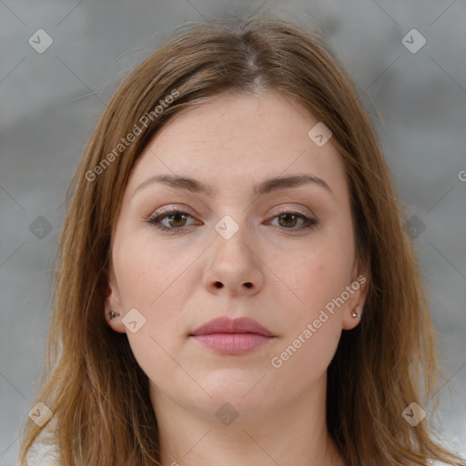 Neutral white young-adult female with medium  brown hair and brown eyes