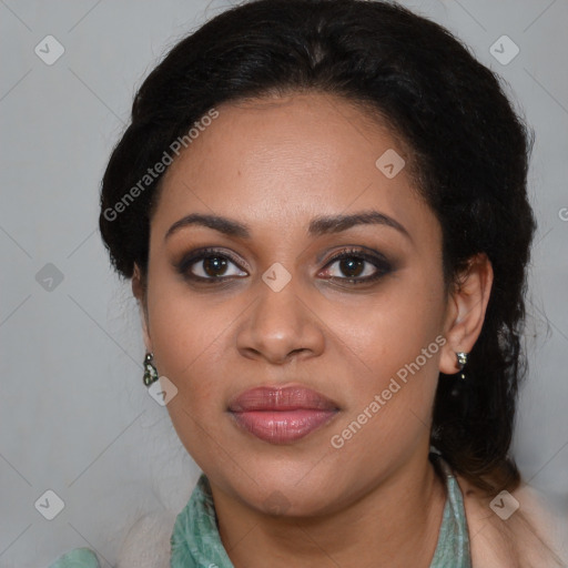 Joyful latino young-adult female with medium  black hair and brown eyes