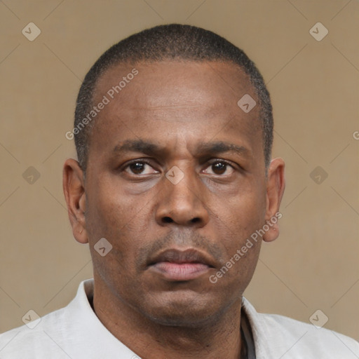 Neutral latino adult male with short  brown hair and brown eyes