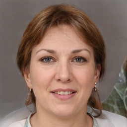 Joyful white adult female with medium  brown hair and grey eyes