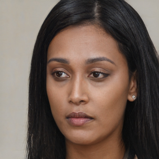 Neutral asian young-adult female with long  black hair and brown eyes