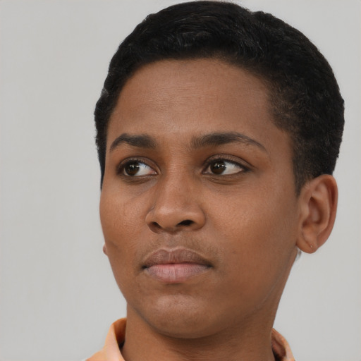 Neutral black young-adult female with short  black hair and brown eyes