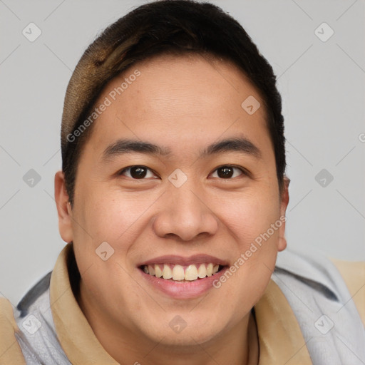 Joyful white young-adult male with short  brown hair and brown eyes