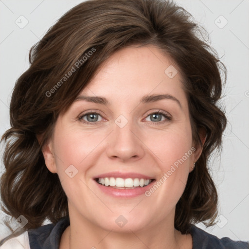 Joyful white young-adult female with medium  brown hair and green eyes