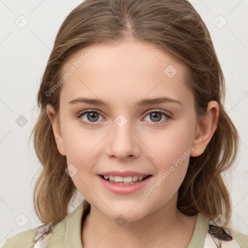 Joyful white child female with medium  brown hair and brown eyes