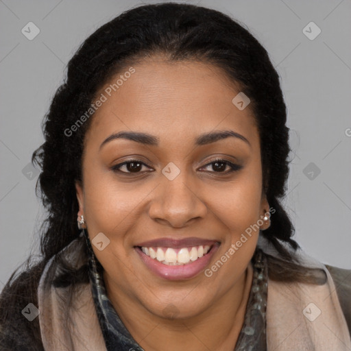 Joyful latino young-adult female with long  brown hair and brown eyes