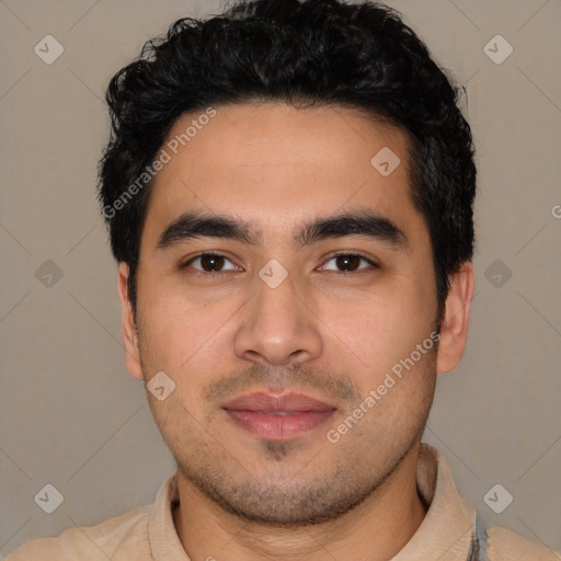 Neutral asian young-adult male with short  black hair and brown eyes