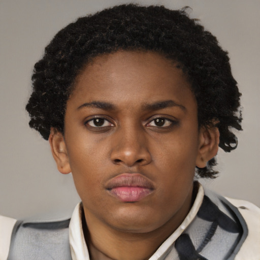 Neutral latino young-adult female with short  brown hair and brown eyes