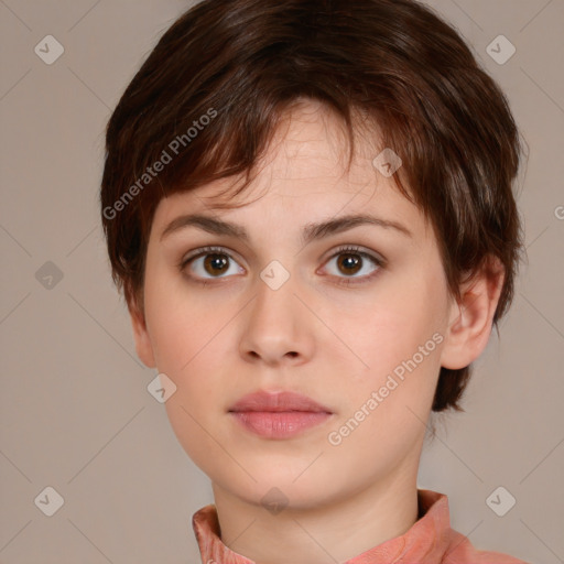 Neutral white young-adult female with medium  brown hair and brown eyes