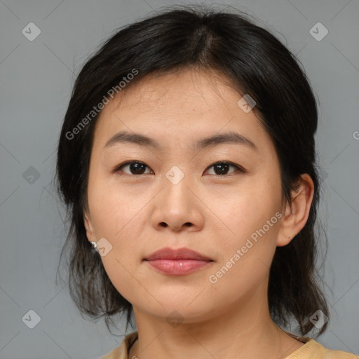 Neutral asian young-adult female with medium  brown hair and brown eyes