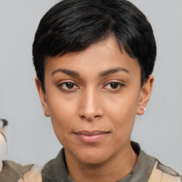 Neutral asian young-adult female with short  black hair and brown eyes