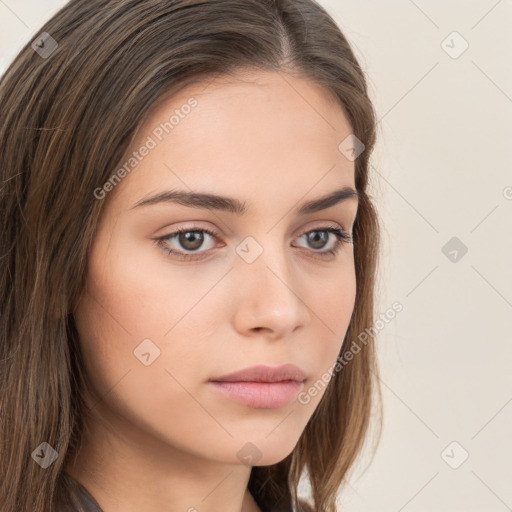 Neutral white young-adult female with long  brown hair and brown eyes