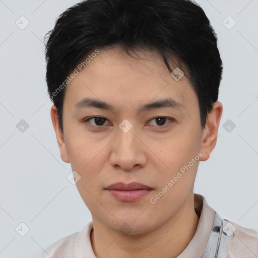Neutral white young-adult male with short  black hair and brown eyes