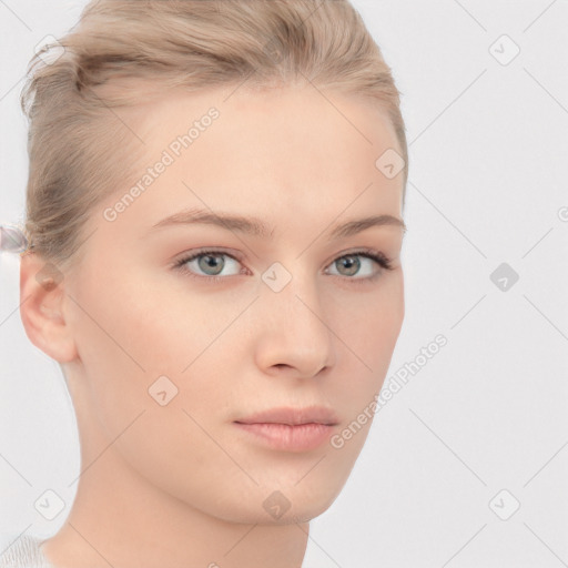 Neutral white young-adult female with short  brown hair and grey eyes