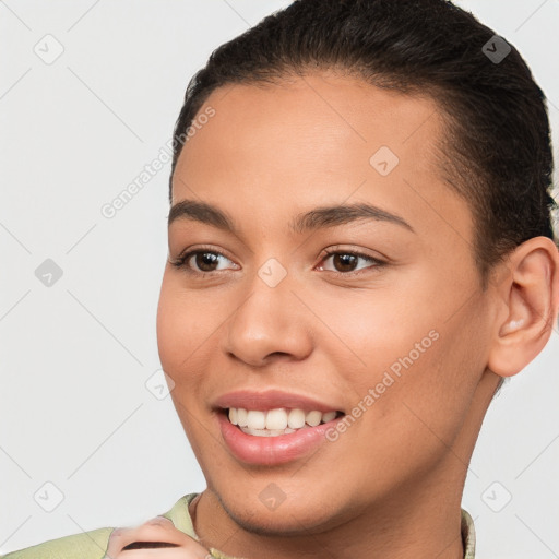 Joyful white young-adult female with short  brown hair and brown eyes