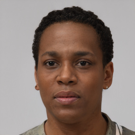 Neutral black young-adult female with short  black hair and brown eyes