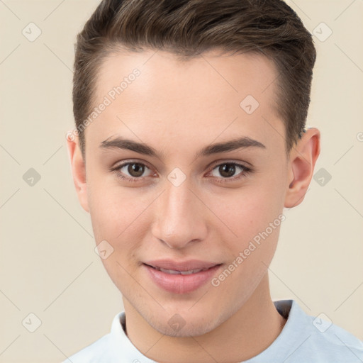 Joyful white young-adult female with short  brown hair and brown eyes