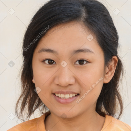 Joyful white young-adult female with medium  brown hair and brown eyes