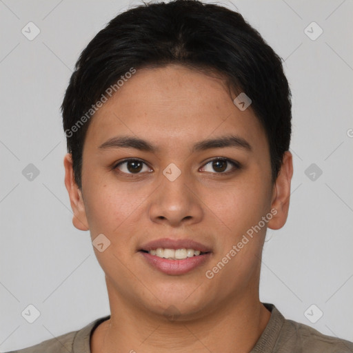 Joyful asian young-adult female with short  brown hair and brown eyes