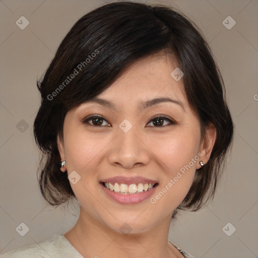 Joyful white young-adult female with medium  brown hair and brown eyes