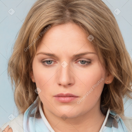 Neutral white young-adult female with medium  brown hair and blue eyes