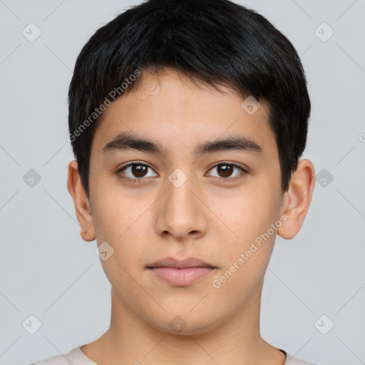 Neutral asian young-adult male with short  black hair and brown eyes