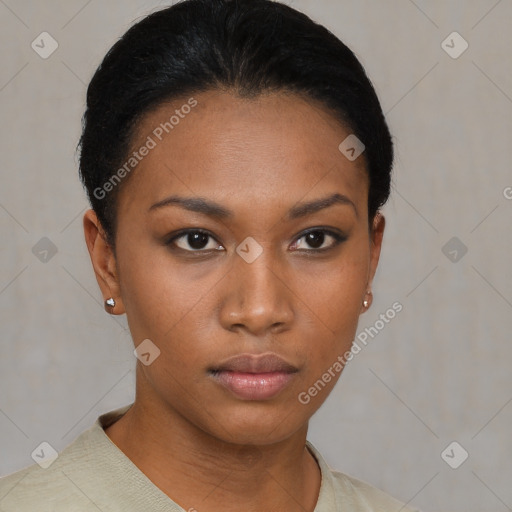 Neutral black young-adult female with short  black hair and brown eyes