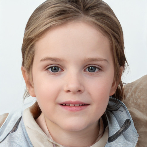 Joyful white child female with medium  brown hair and blue eyes