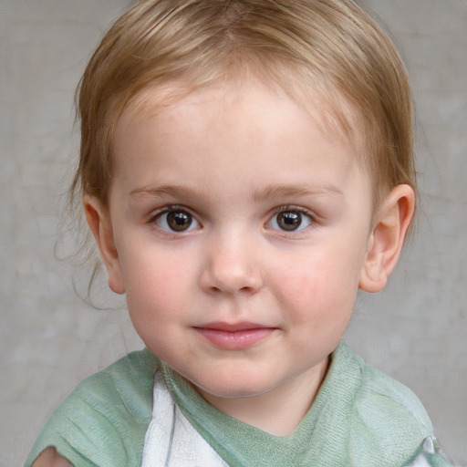 Joyful white child female with medium  brown hair and grey eyes