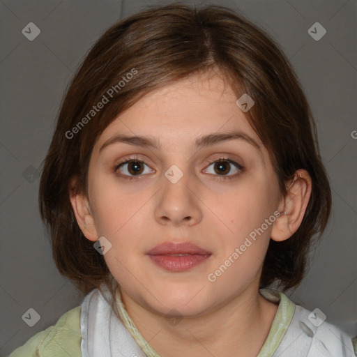 Neutral white young-adult female with medium  brown hair and brown eyes