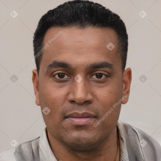 Neutral latino young-adult male with short  black hair and brown eyes
