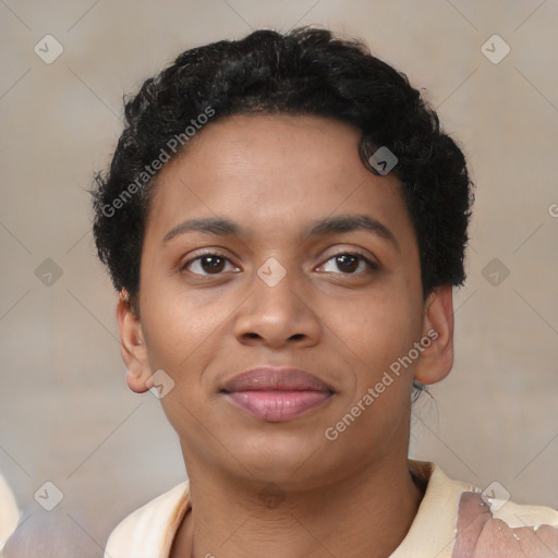 Joyful black young-adult female with short  brown hair and brown eyes