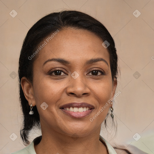 Joyful white adult female with medium  brown hair and brown eyes