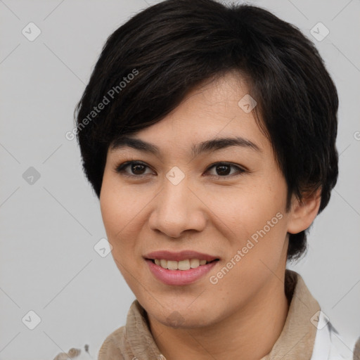 Joyful asian young-adult female with medium  brown hair and brown eyes