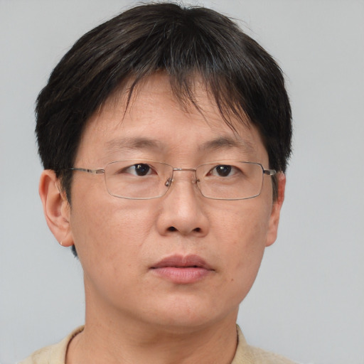 Neutral asian adult female with short  brown hair and brown eyes