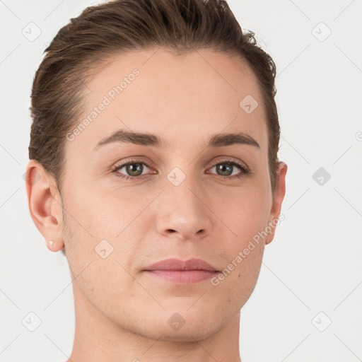 Joyful white young-adult female with short  brown hair and grey eyes