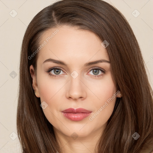 Neutral white young-adult female with long  brown hair and brown eyes