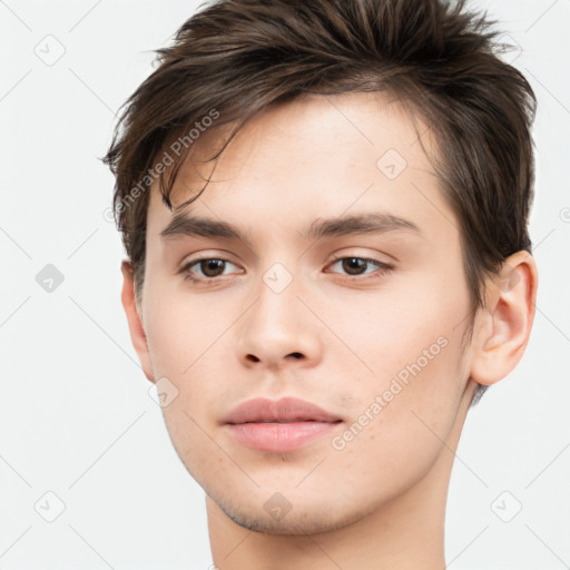 Neutral white young-adult male with short  brown hair and brown eyes