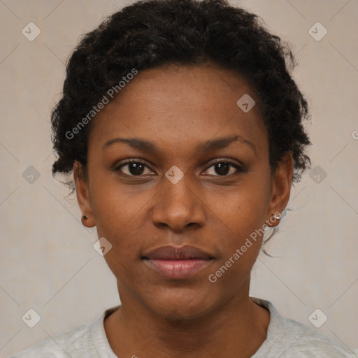 Neutral black young-adult female with short  black hair and brown eyes