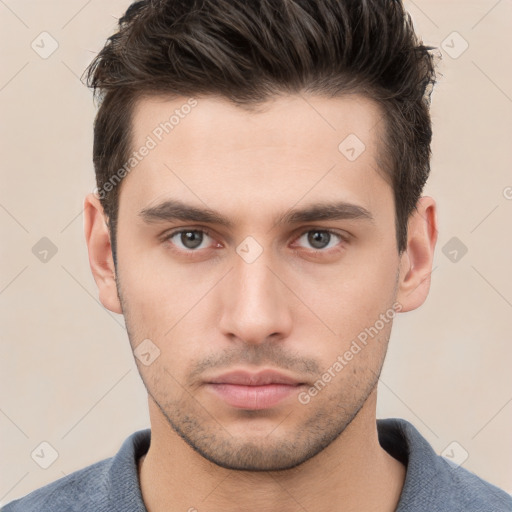 Neutral white young-adult male with short  brown hair and brown eyes