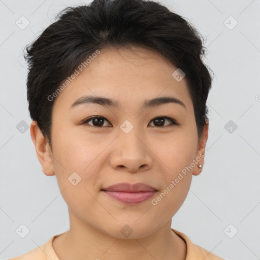 Joyful asian young-adult female with short  brown hair and brown eyes