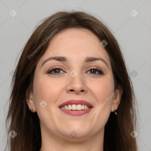 Joyful white young-adult female with long  brown hair and grey eyes