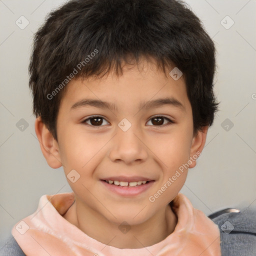 Joyful white child male with short  brown hair and brown eyes