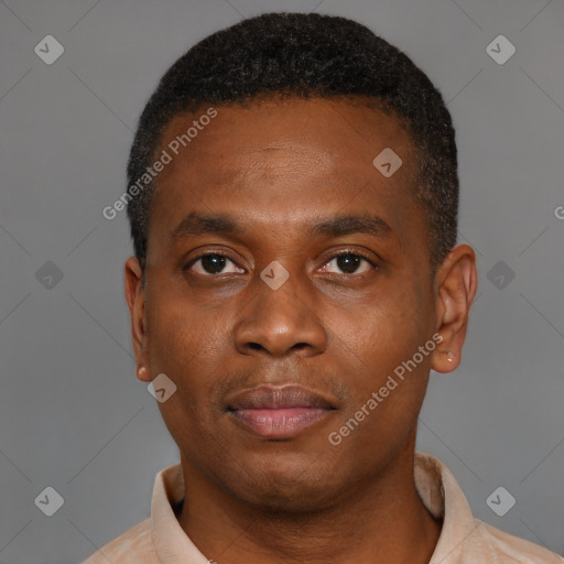 Neutral black young-adult male with short  black hair and brown eyes