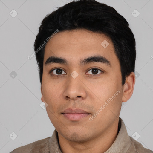 Neutral latino young-adult male with short  black hair and brown eyes