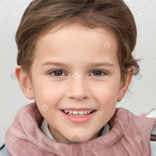 Joyful white child female with medium  brown hair and brown eyes