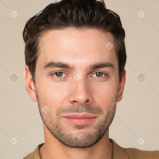 Neutral white young-adult male with short  brown hair and brown eyes